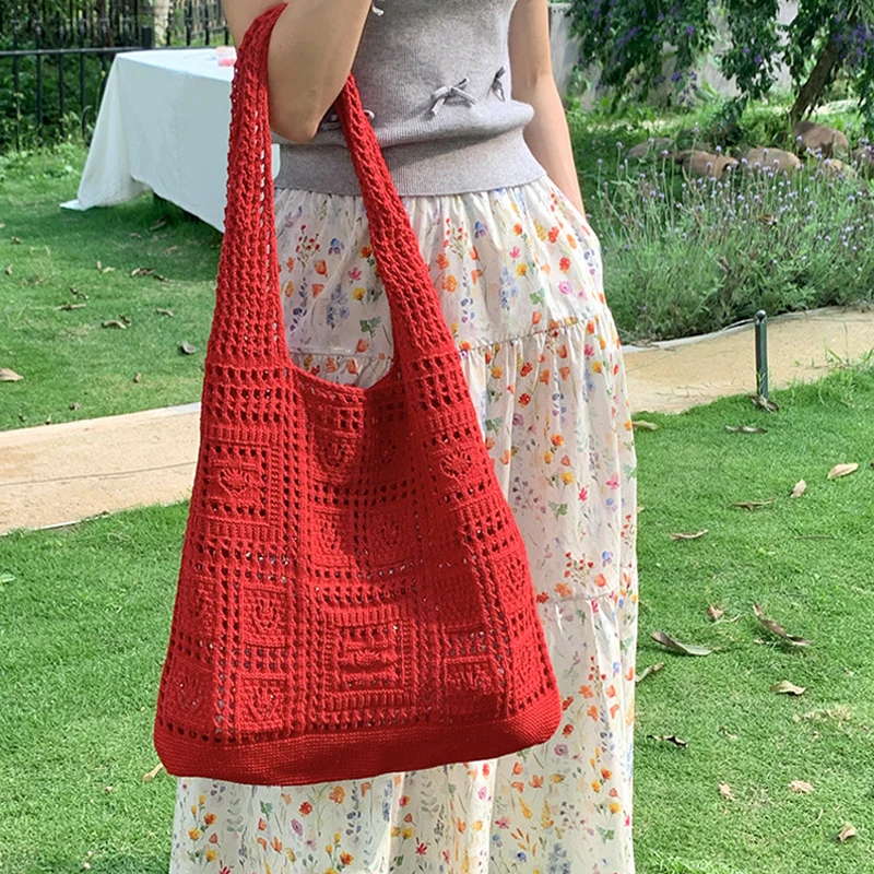 Bolsa de Ombro Única Tricotada Vermelha Romântica, Bolsa de Viagem Retro em Malha Simples, ande Tamanho, Poliéster io
