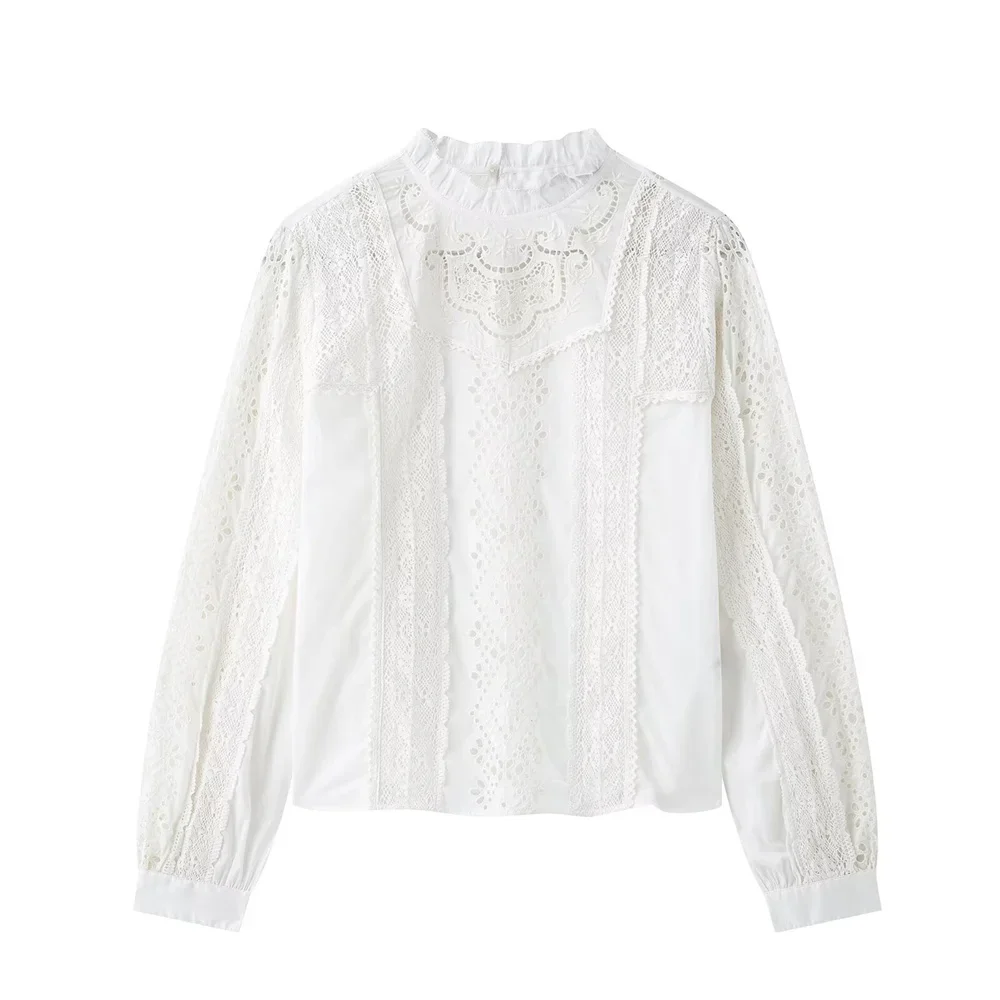 

LIBIELIY Women's Embroidered White Shirt Round Neck Long Sleeve Hollow Decoration Spring/Summer New Women's Shirt Top