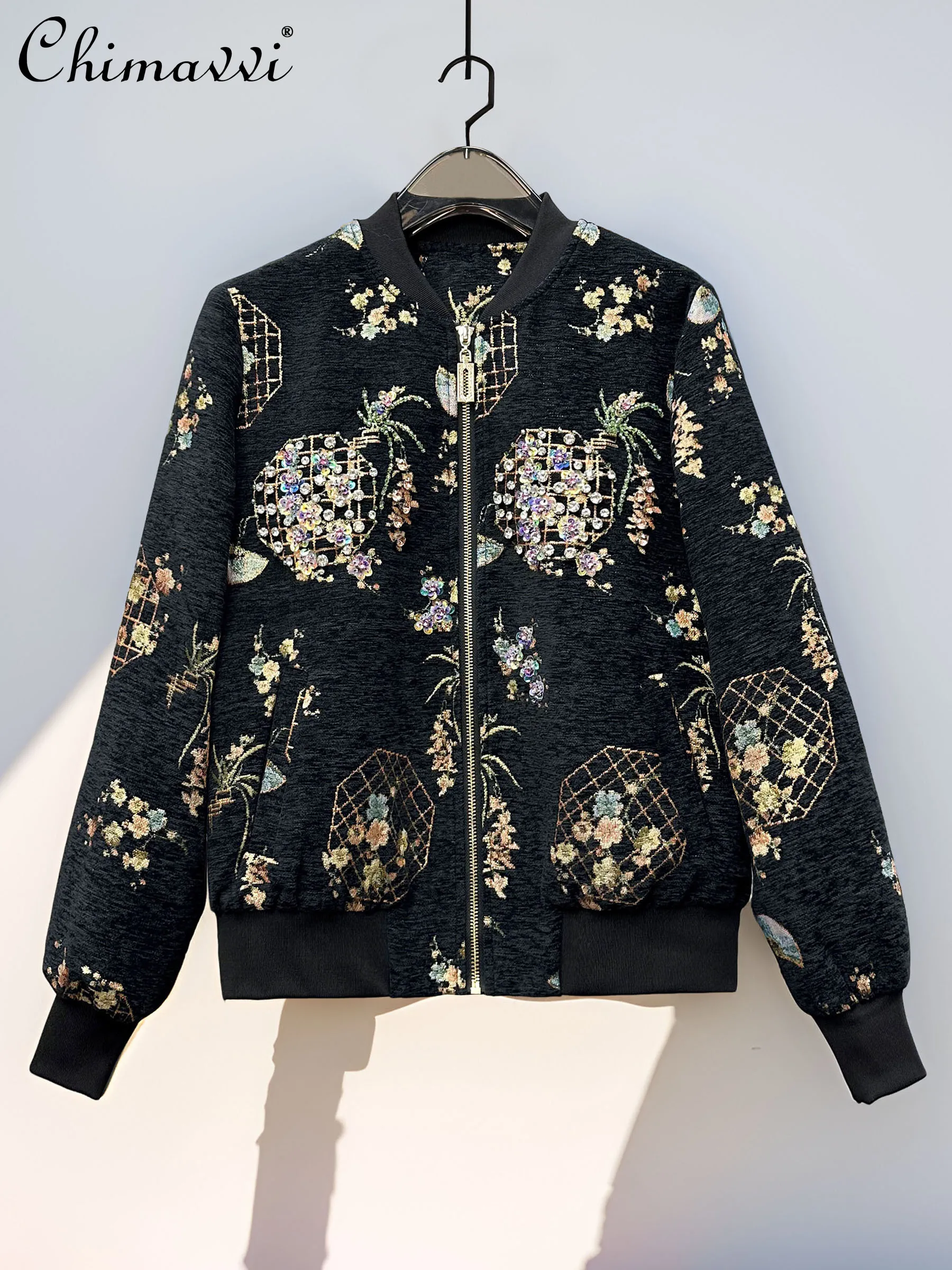 

Autumn New Women's Fashion Flocked Embroidery Short Jacket Colorful Sequins ILong-sleeved Elegant Vintage Casual Baseball Coat