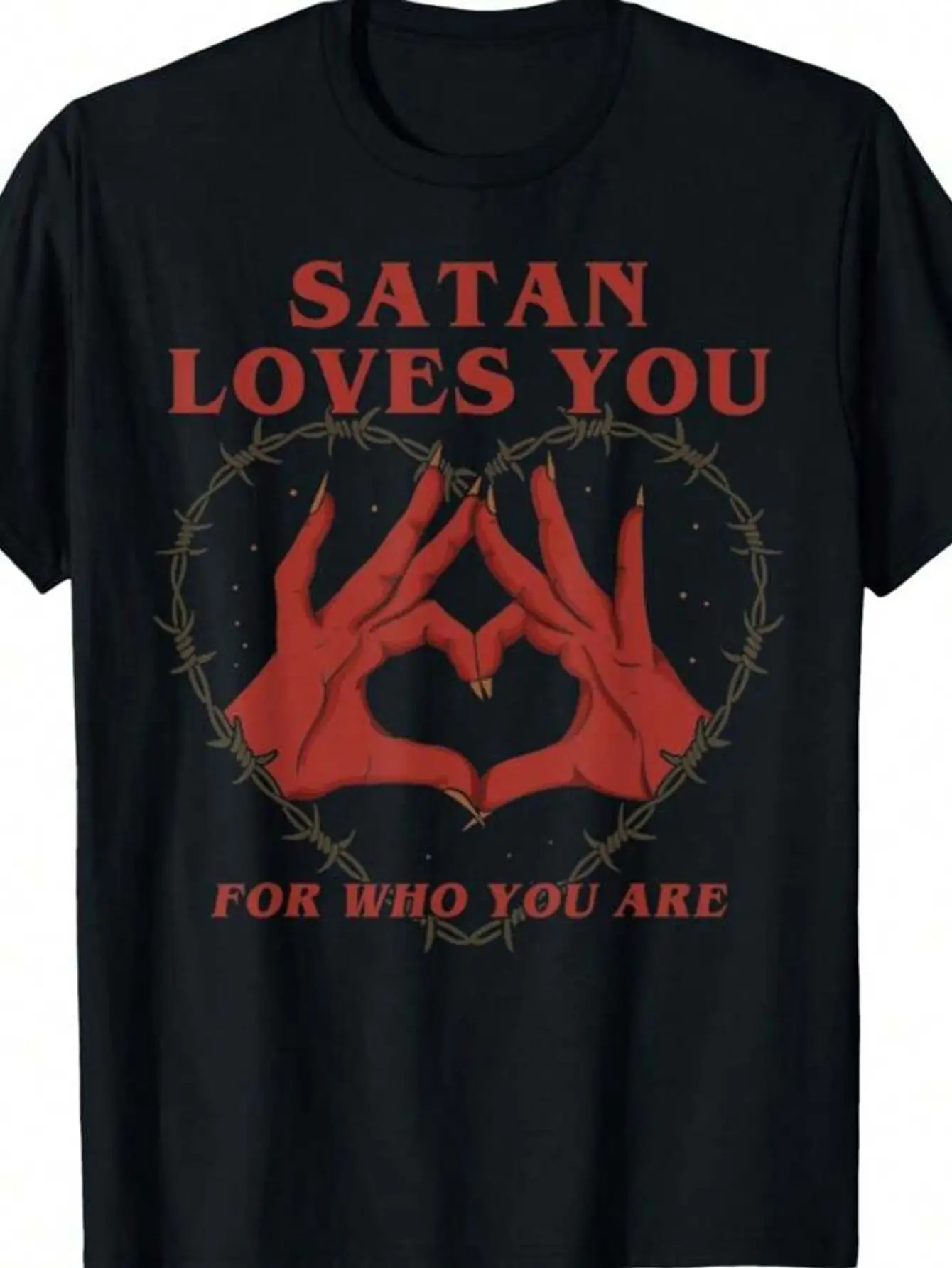 Satan Loves You Gothic Letter T-shirt -Retro Devil's Corner and Bafumet Pattern Printed Halloween, Witch and Satan Theme Costume