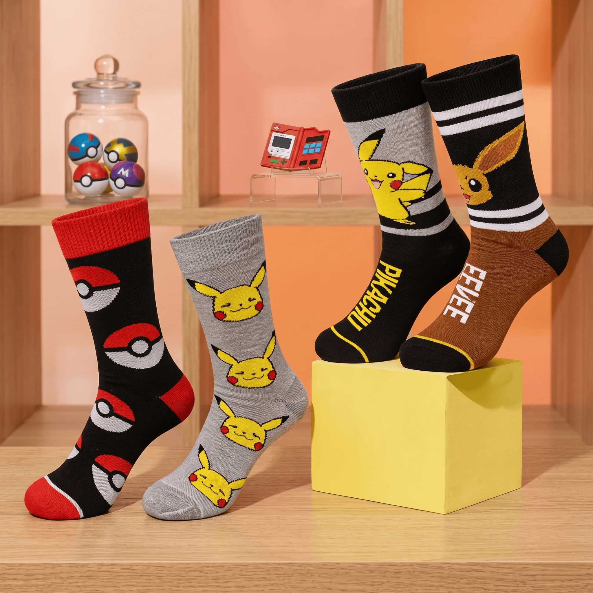 

Breathable Cotton Pokemon Socks for Men And Women Classic Pikachu Gengar Eevee Cartoon Anime Figure Casual Sports Stockings