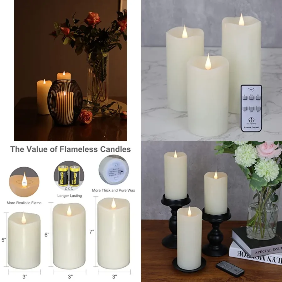 

Flickering Flameless Candles with 3D Moving Flame Set of 3 H 5" 6" 7" x D 3",Last 1000+ Hours Battery Operated Candles with Rem