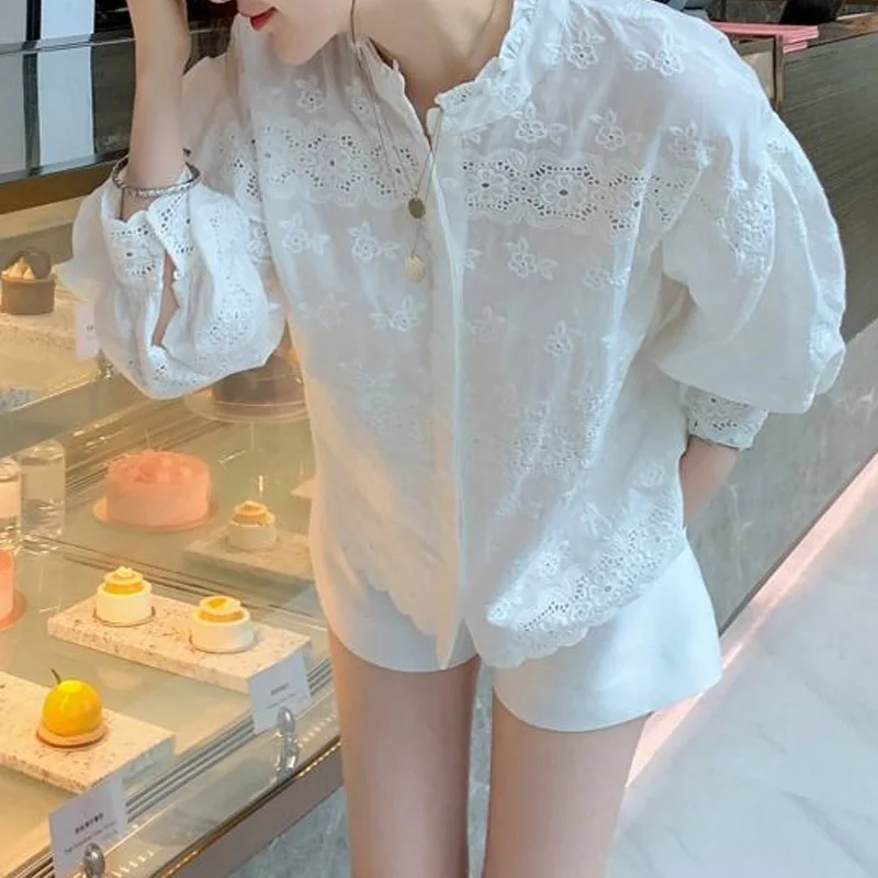 2023 New Spring and Summer Vintage Lace Standing Neck Embroidered Jacquard Hollow Out Wood Ear Lace Loose Relaxed Oversize Shirt