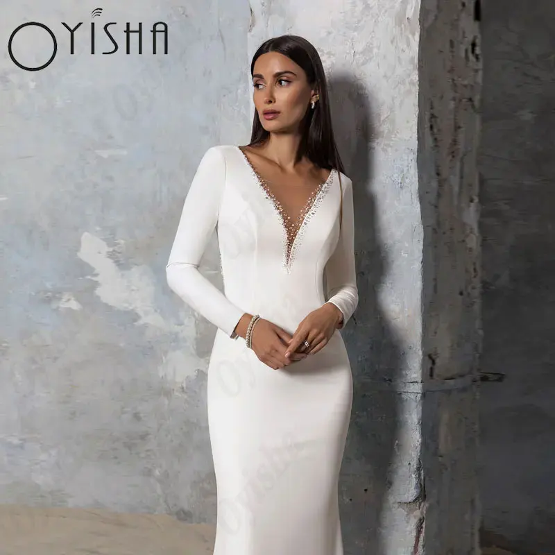 OYISHA Satijn Zeemeermin Trouwjurken V-hals Lange Mouwen Rukless Bruidsjurken Voor Vrouw Appliques Exquise Vestido De MariagesOYISHA Satin Zeemeermin Bruidsjurken V-hals Lange Mouwen Backless Bruidsjurken Voor Vrouw Ap