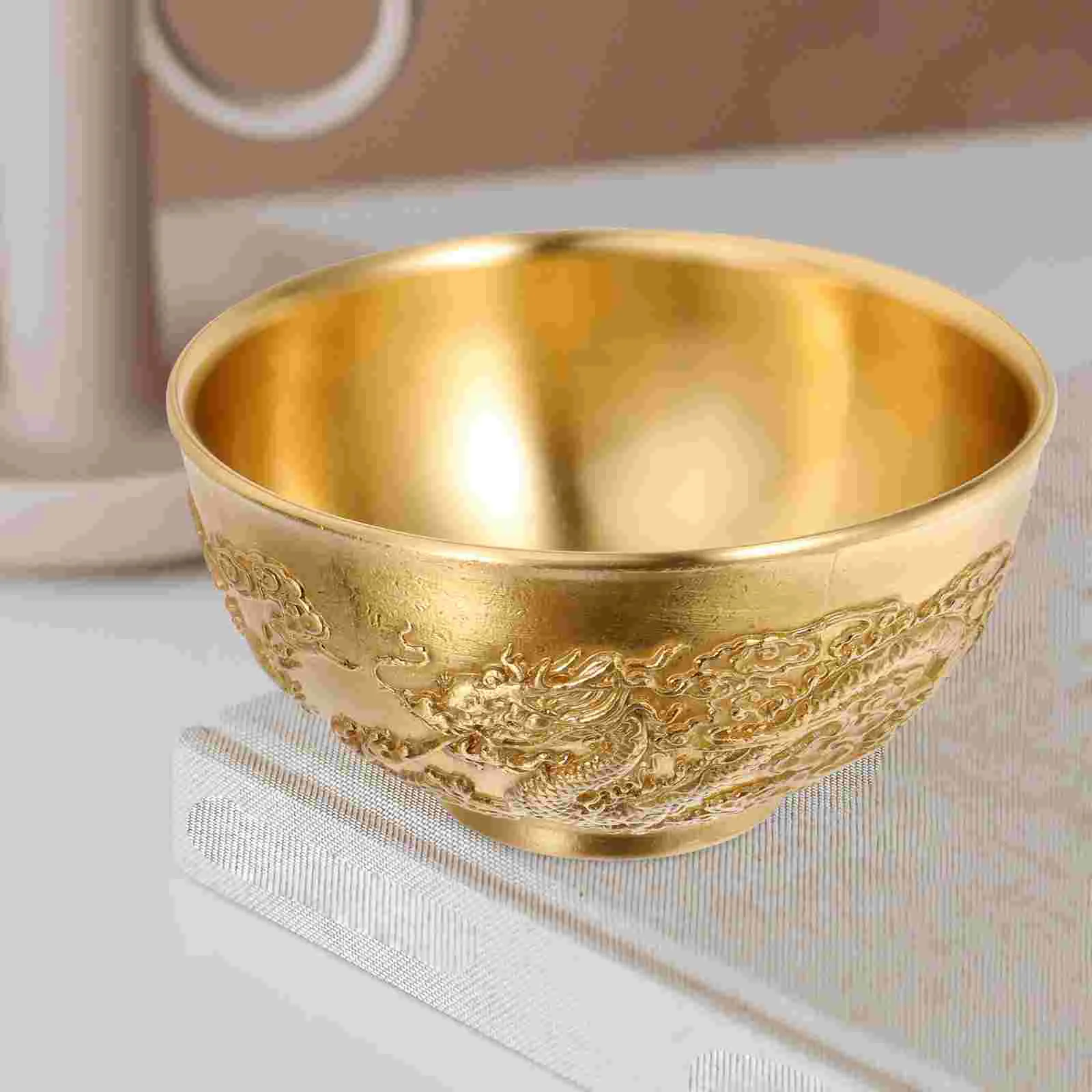 Feng Shui Sculpture Lucky Double Dragon Bowl Gold Decor Home Desktop Decoration