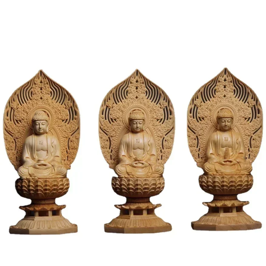 

Solid wood carving Sakyamuni Buddha Three Treasure Medicine Buddha ，Semi-hand carved Home living room Feng Shui Furnishings 28cm