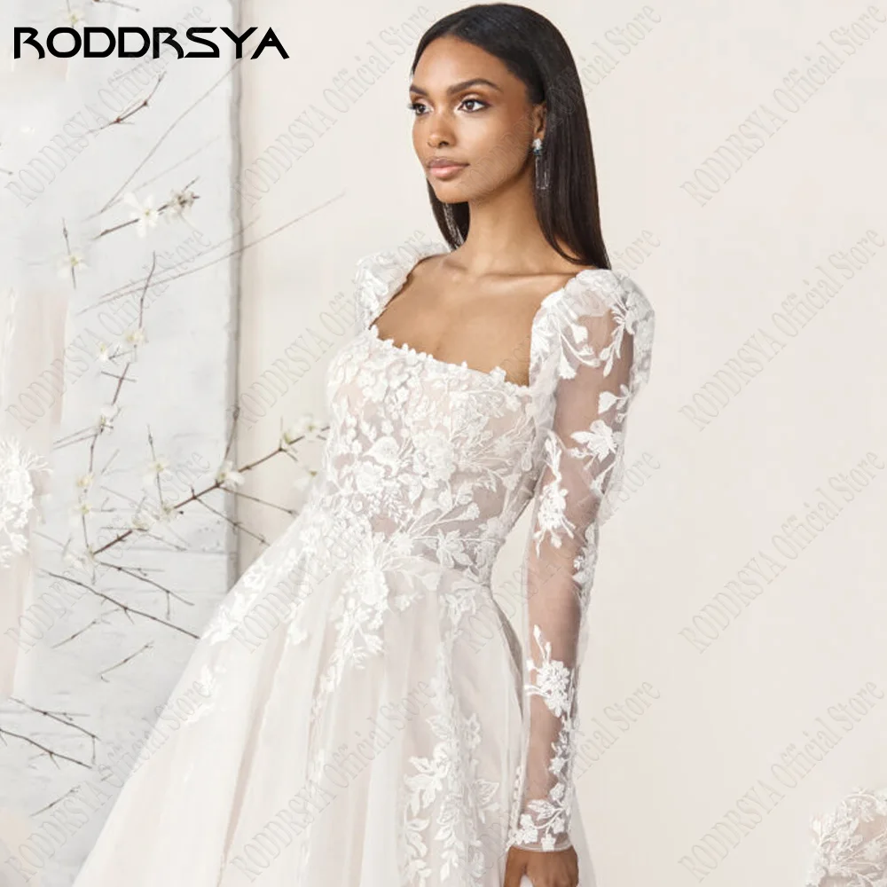 Roddrsy elegante calcomanía de encaje de boda de manga larga vestido de novia TUL letra a sin espRODDRSY vestidos de novia elegantes, Apliques de encaje, mangas largas, tul, línea A, Espalda descubierta, Cuadrado Civil