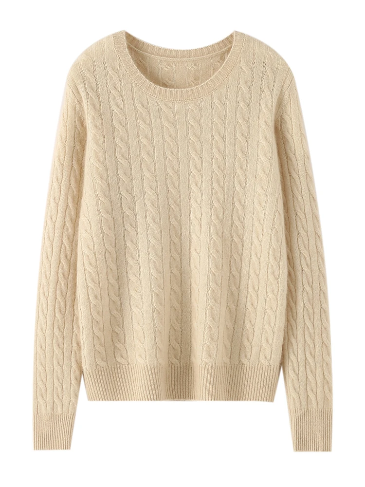 Simple Autumn Winter O-Neck Twist 100% Cashmere Knitted Women Solid Color Pullover Casual Long Sleeve Thick Warm Base Layer Top