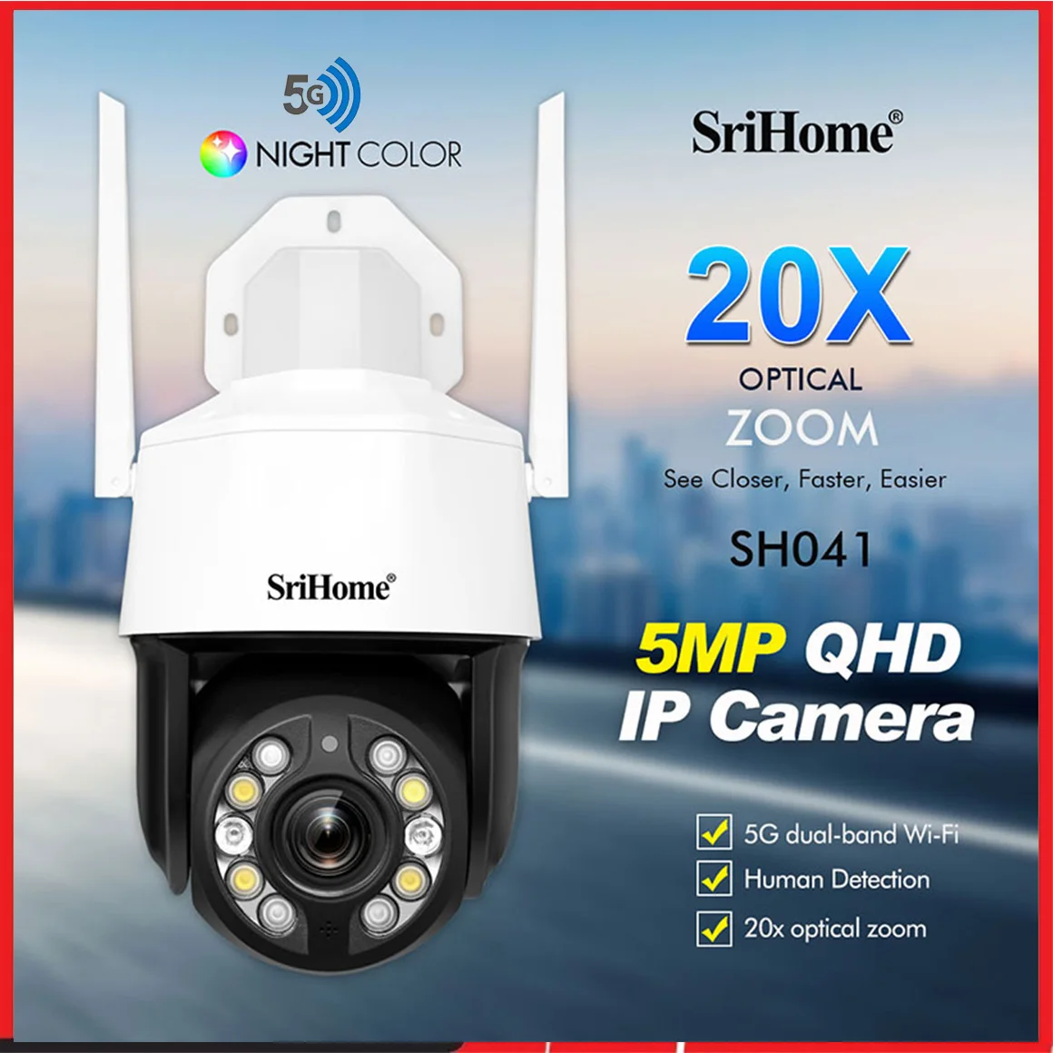 

SriHome SH041 5.0MP 20X Zoom PTZ Camera Outdoor Waterproof CCTV 2.4G/5G Wifi IP Cameras Onvif Video Surveillance Security System