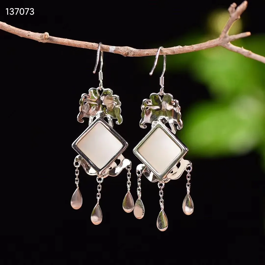 Natural 100% real 925 sterling silver inlaid white hetian jade Palace Collection Level retro earrings jewelry for women gift