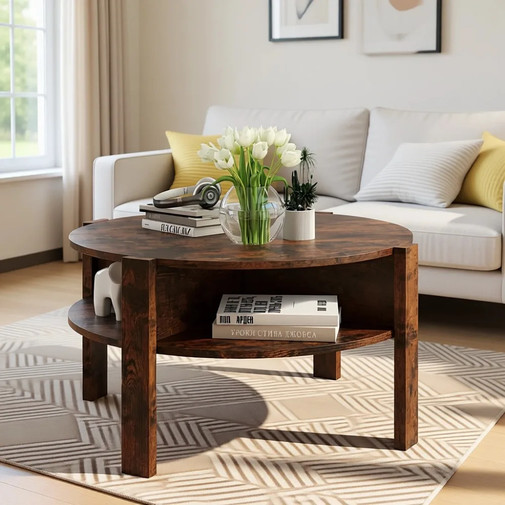 Mid Century Modern Coffee Table with Storage | 2-Tier Shelves & 4 Side Compartments for Small Living Rooms