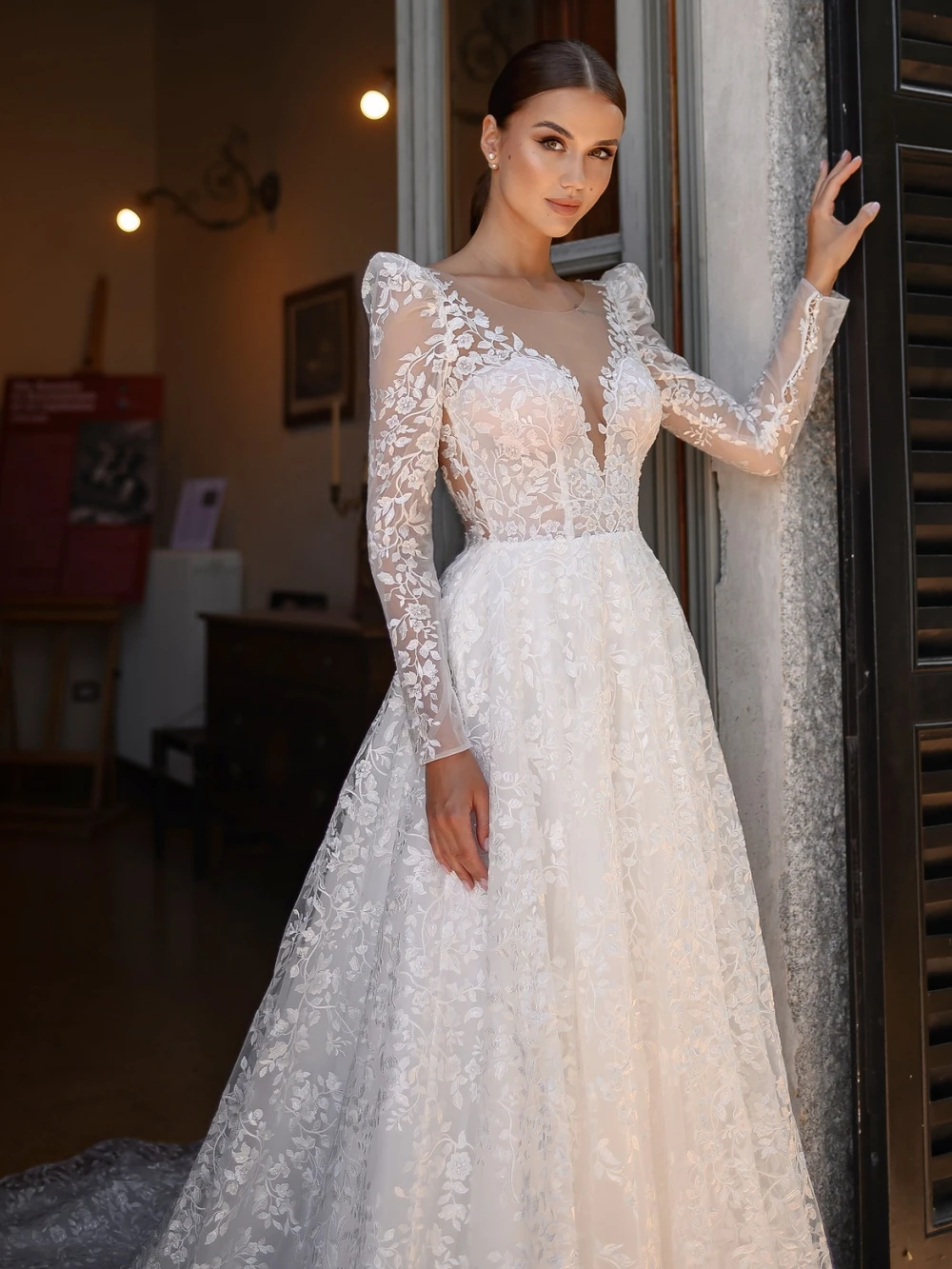 Romantische trouwjurk met pofmouwen Klassieke kanten applicaties Bruidsgewaad Elegante vintage A-lijn lange bruidsjurk Robe De Mariée