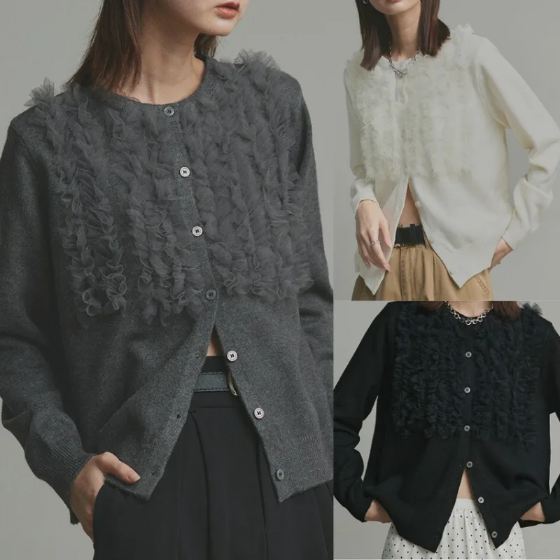 

2026 New Spring Autumn Korean Japan Style Mesh Lace Decoration Sweater Women's Round Neck Long Sleeve Knitted Cardigan Thin Coat