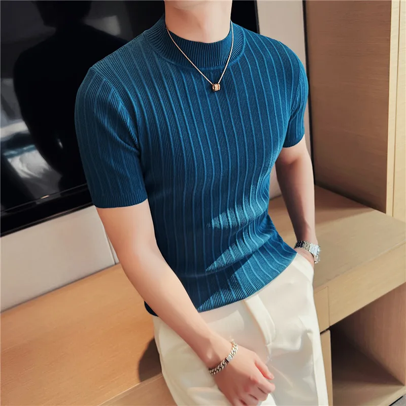 Men\'s High-End Casual Short Sleeve knitting Sweater/Male High collar Slim Fit Stripe Set head Knit Shirts Plus size S-4XL