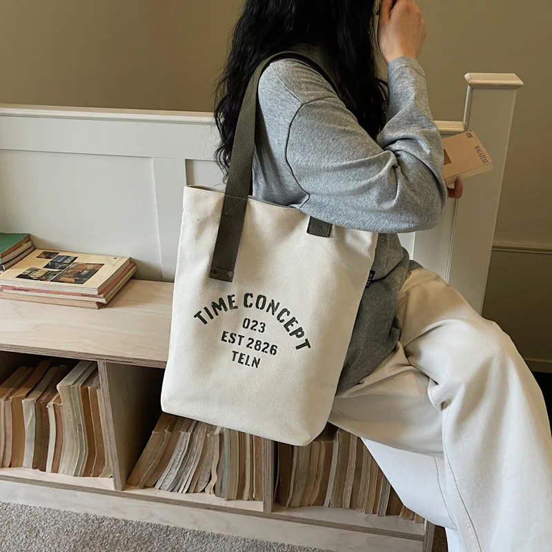 

New Women Simple Shoulder Bags Solid Color Letter Printed Canvas Bucket Bag Multi Purpose Casual Versatile Underarm Bag