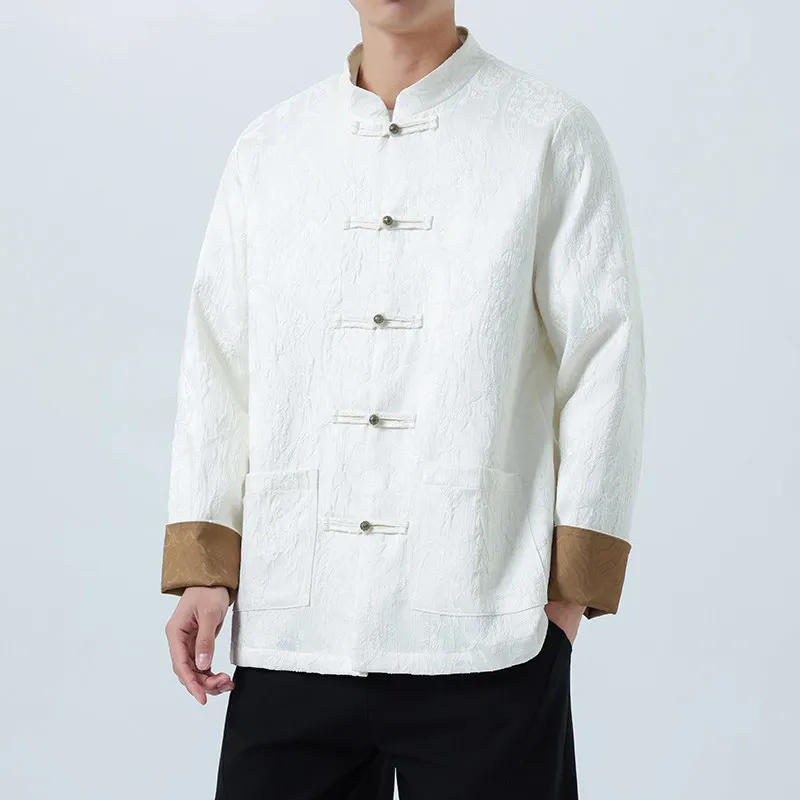 Men New Chinese Style Zhongshan Jacket Men Jacquard Jackets Men Frog Button Mandarin Collar Coat Color Contrast Formal Outerwear