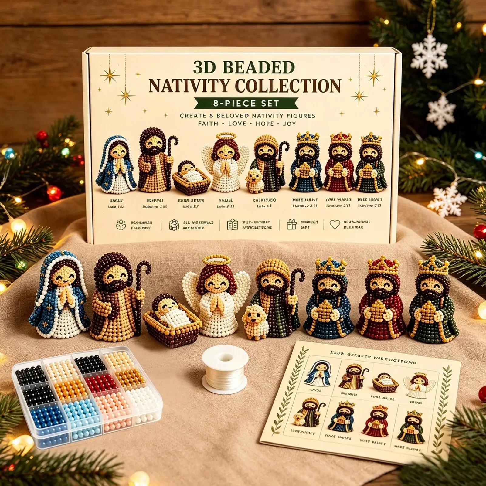 Christmas Nativity Bead Craft Kit 3D Beaded Craft Figurines Decor Beading Christmas Figures Kit for Men Women Adults Dad Wife