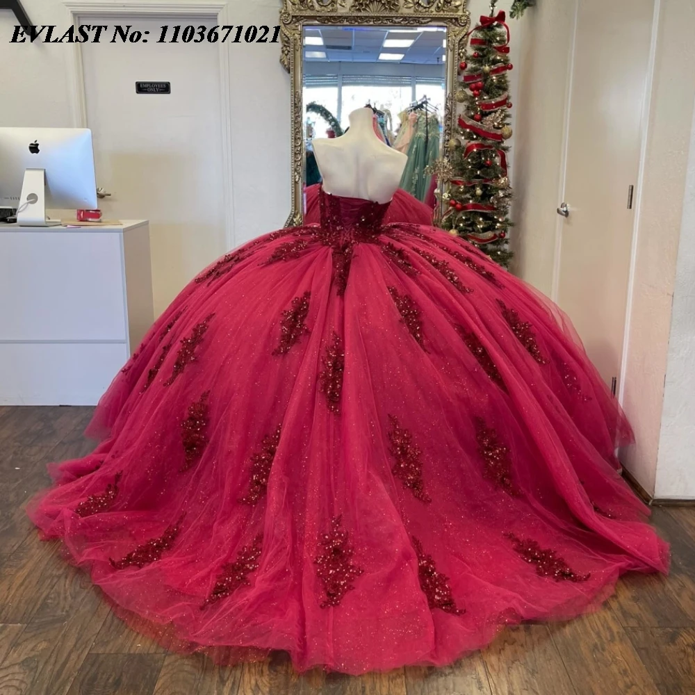 Evlast personalizado rosa quinceanera vestido de baile apliques frisado cristal méxico espartilho doce 16 vestidos de 15 anos sq693