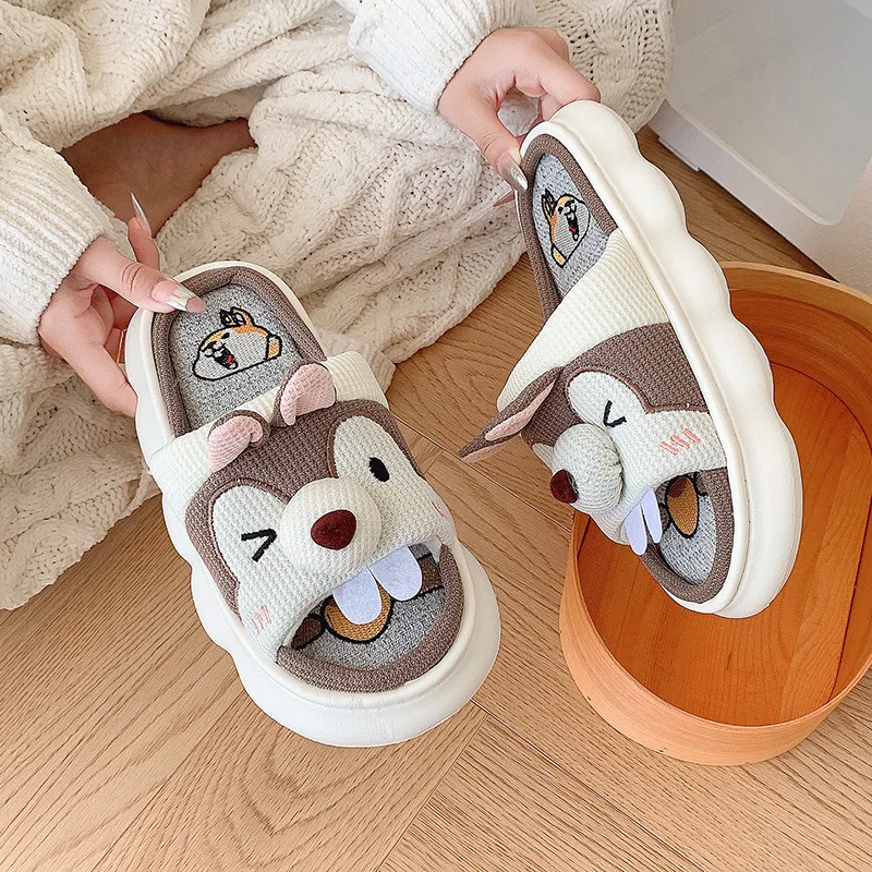 Breathable Linen Slippers Women Cute Squirrel Home Platform Shoes Comfort Cartoon Couples Indoor Slipper Ladies Fashion Slides