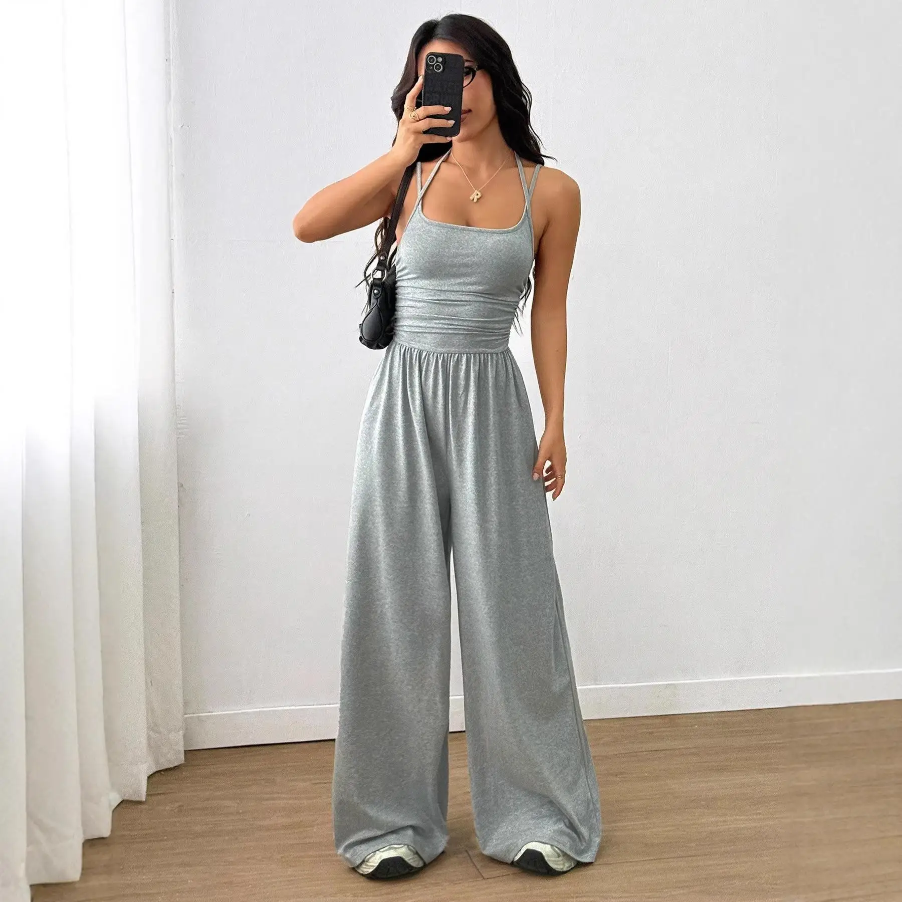 Casual Summer Wide Leg Loose Wrap Chest Belted  Women's Clothing Strapless Knitted Knitwear  Color Sportswear