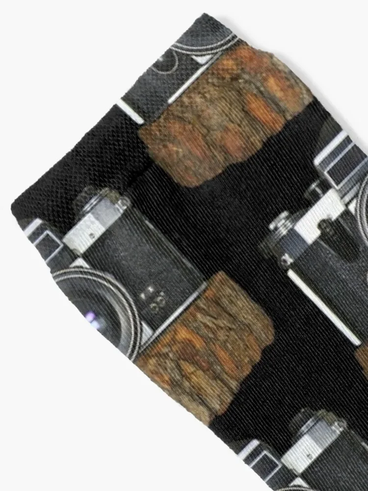 1960's Old Cameras Vintage On A Wooden Block On Black Socks golf Christmas new year Socks Women Men's