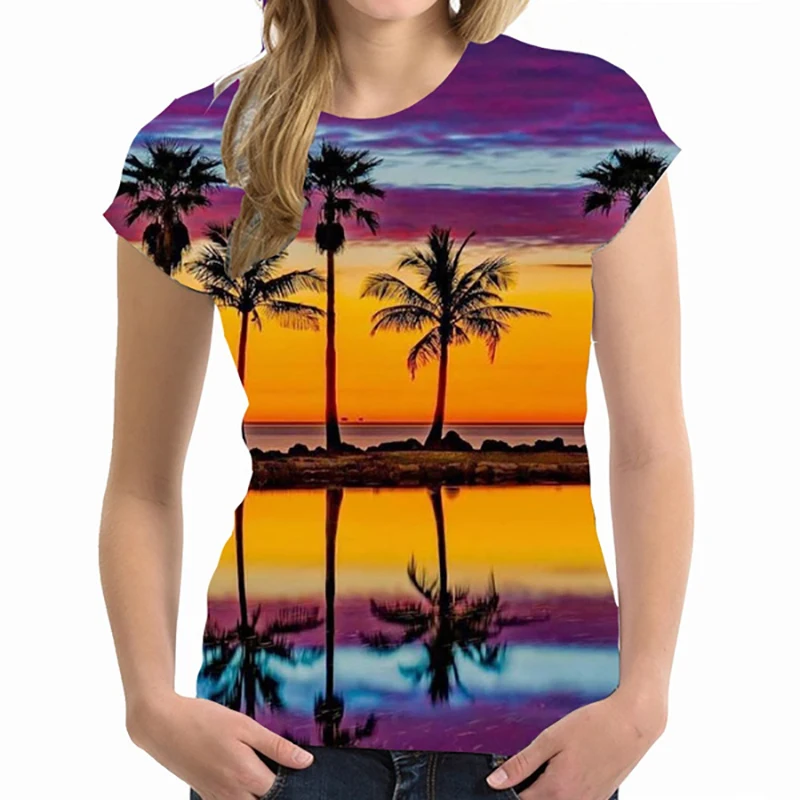 Hawaiian T-Shirts Palm Trees 3D Print Women Streetwear Casual Short Sleeve T Shirt Oversized Harajuku Woman Tops Tees Clothing