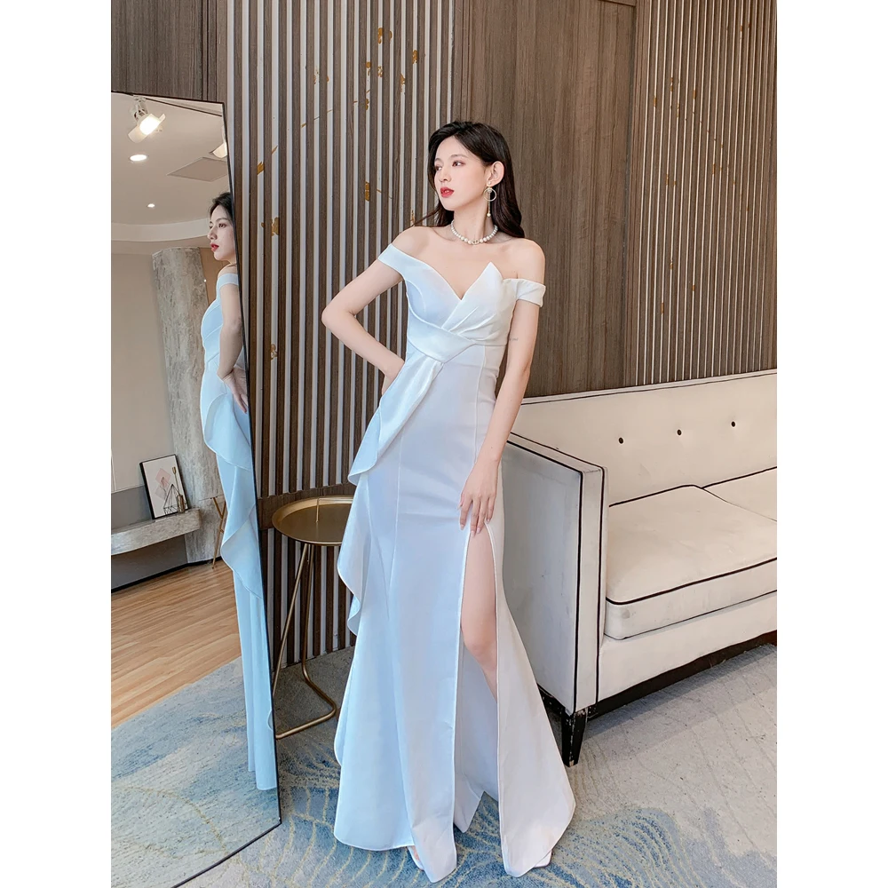 DEERVEADO Off Shoulder Satin Evening Dress for Woman Elegant Formal Occasion Party Maxi Dress Mermaid Slit Long Prom Gown