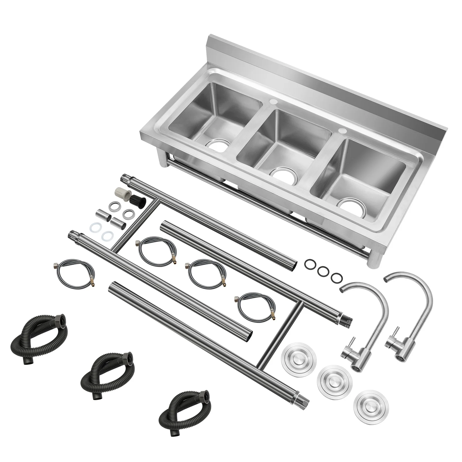 

Large-capacity stainless steel sink, three sections, 304 steel, flexible faucet, adjustable footpads for stability, easy install