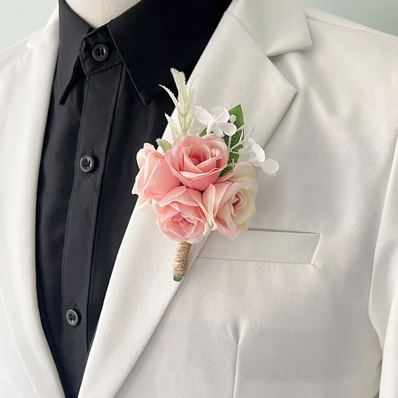 White Boutonniere Wedding Corsage Flowers Artificial Red Rose Bracelet for Bridesmaid Men Buttonhole Guests Marriage Accessories