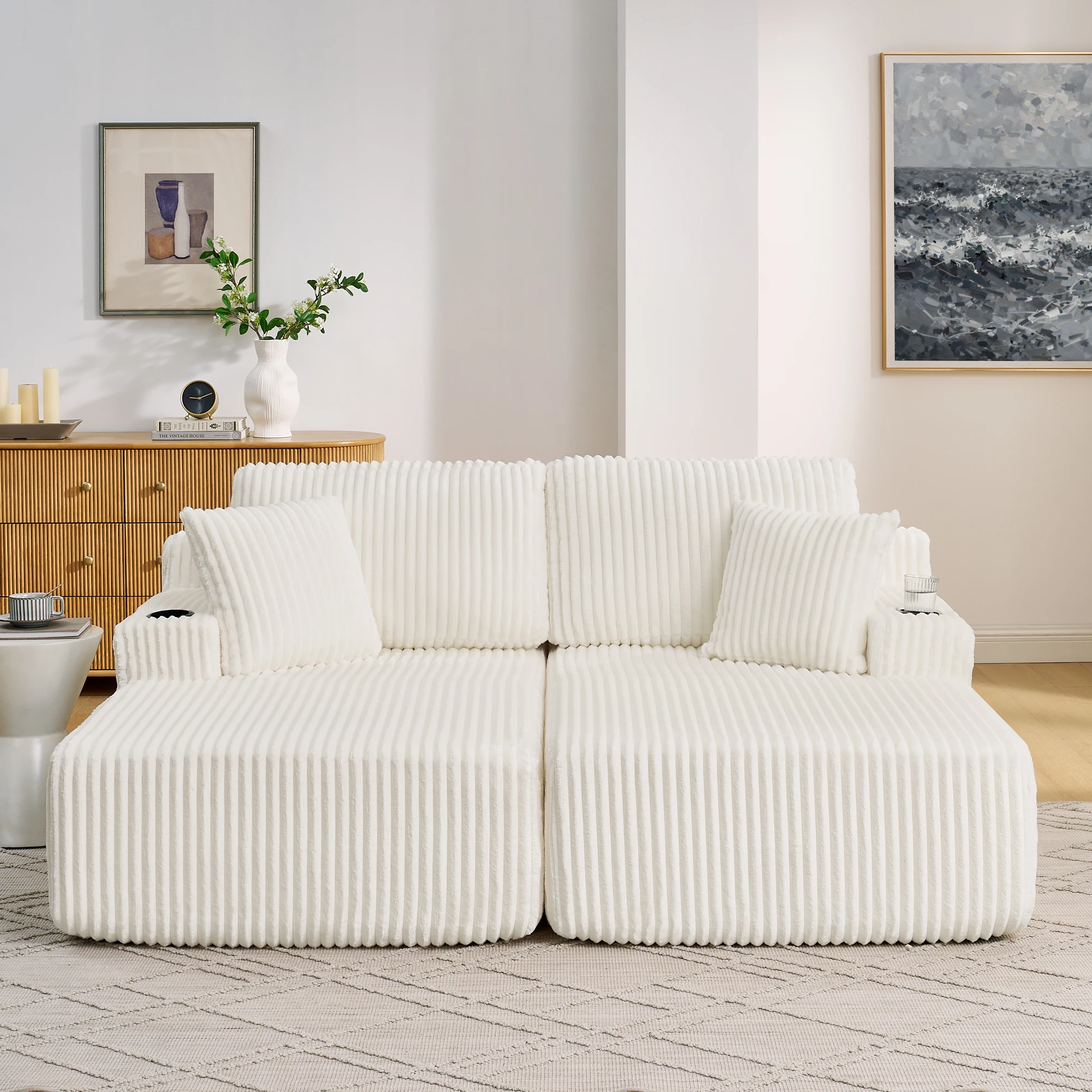 Sofá cama convertible de 2 plazas: Portavasos, bolsillo lateral, sin estructura, terciopelo acanalado - beige