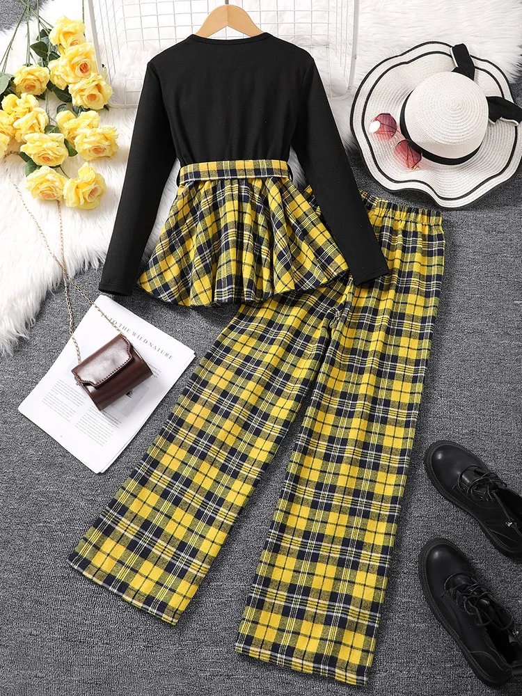 Autumn And Winter Girls' High School Big Boy Sweet Cute Elegant Round Neck Long Sleeve&Checkered Pants Two Piece Set