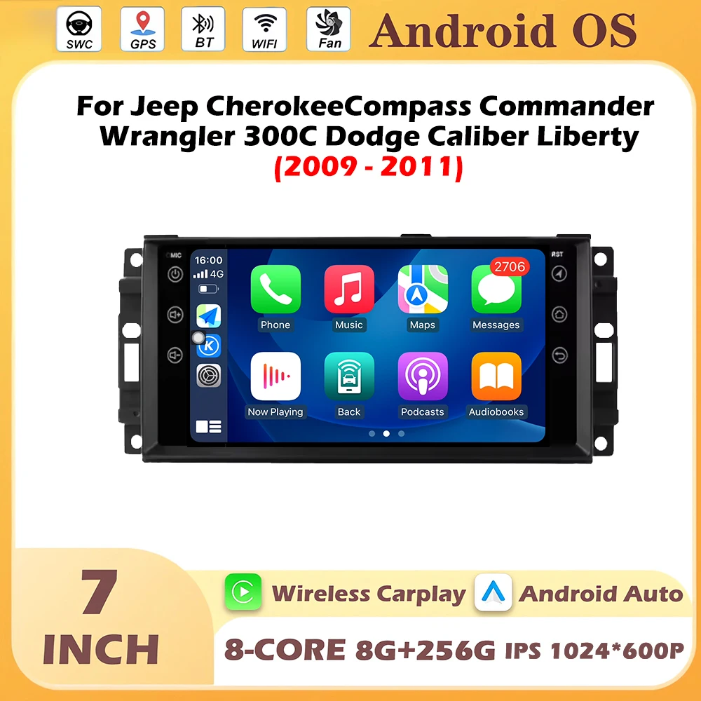 Car Radio Android Auto For Jeep CherokeeCompass Commander Wrangler 300CDodge Caliber Liberty 2009-2011 Multimedia Player Carplay