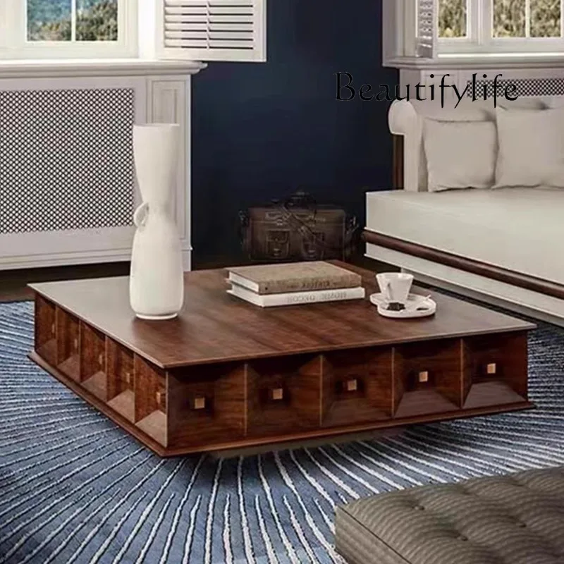 Italian Style Light Luxury Solid Wood Square Coffee Table Vintage Walnut Color Antique Style Living Room Coffee Table