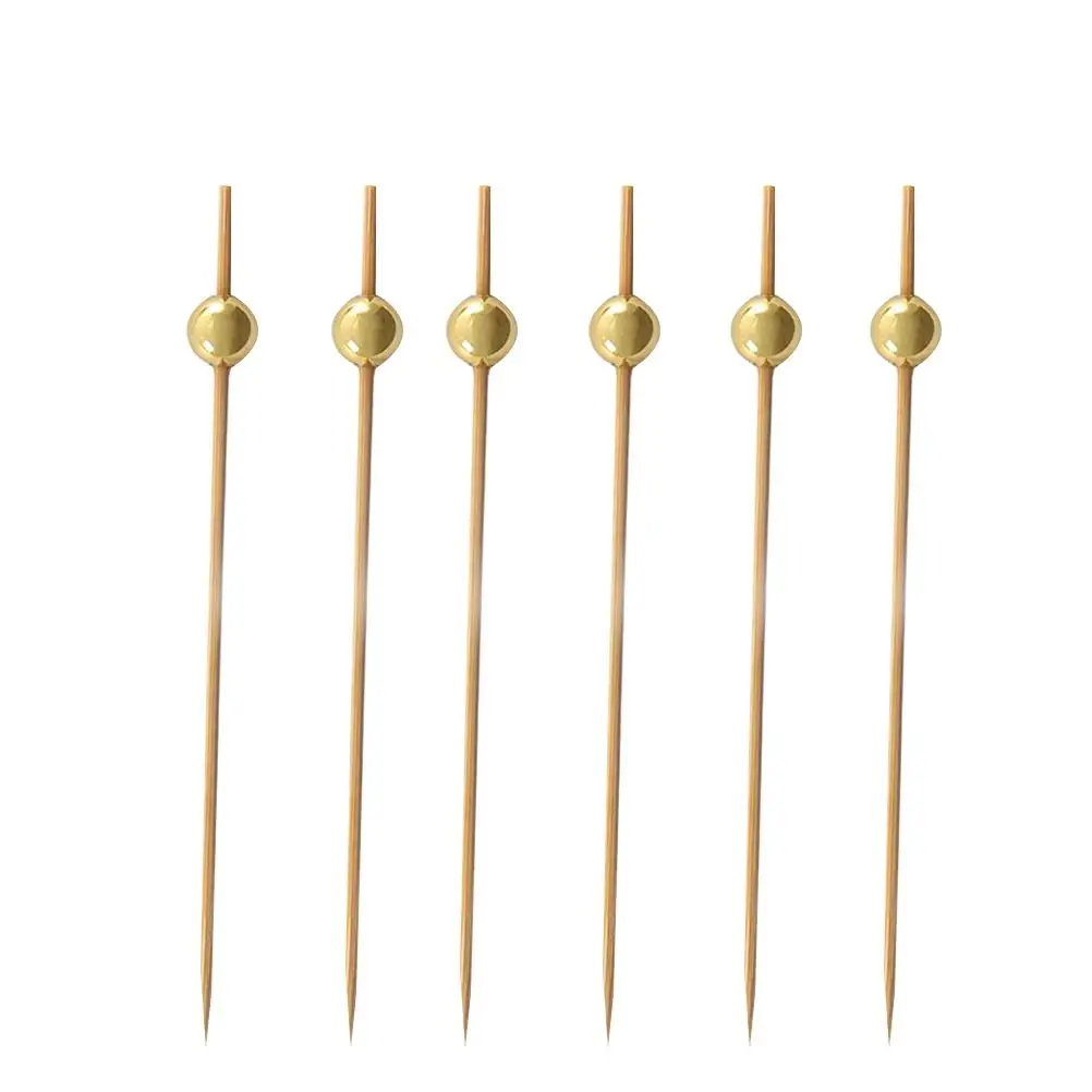 

100 Pcs Bamboo Cocktail Picks Golden Bead Tails Bar KTV Home Clubs Appetizer Display Garnish Decor Safe