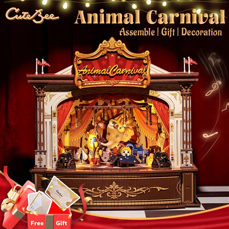

CUTEBEE Wooden Book Nook Dollhouse Kit Miniature Doll House Kits Music Box with Led Light for Animal Carnival