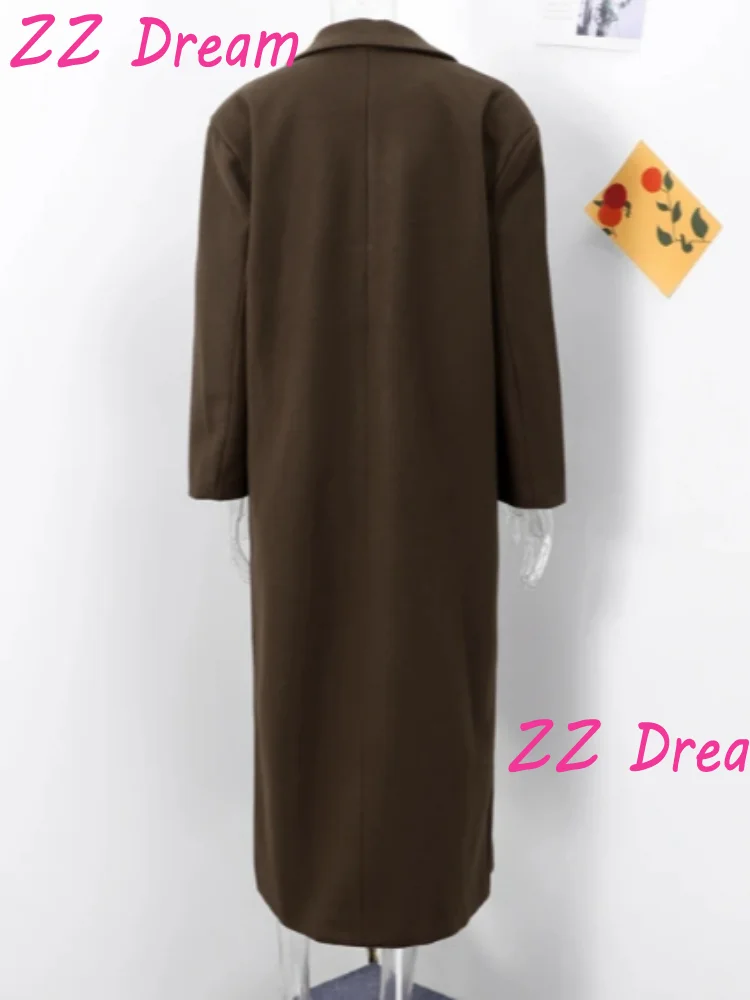 Fashion Women's Faux Wool Long Coat Vintage Lapel Long Sleeve Double Breasted Female Coat 2025 Autumn Winter Loose Lady Overcoat