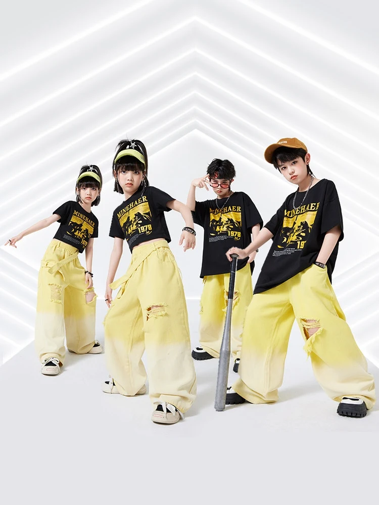 

Детская одежда для джазовых танцев, футболка в стиле хип-хоп для мальчиков, желтые брюки, свободная уличная одежда с короткими рукавами, современный костюм для выступлений в стиле K-pop BL15132