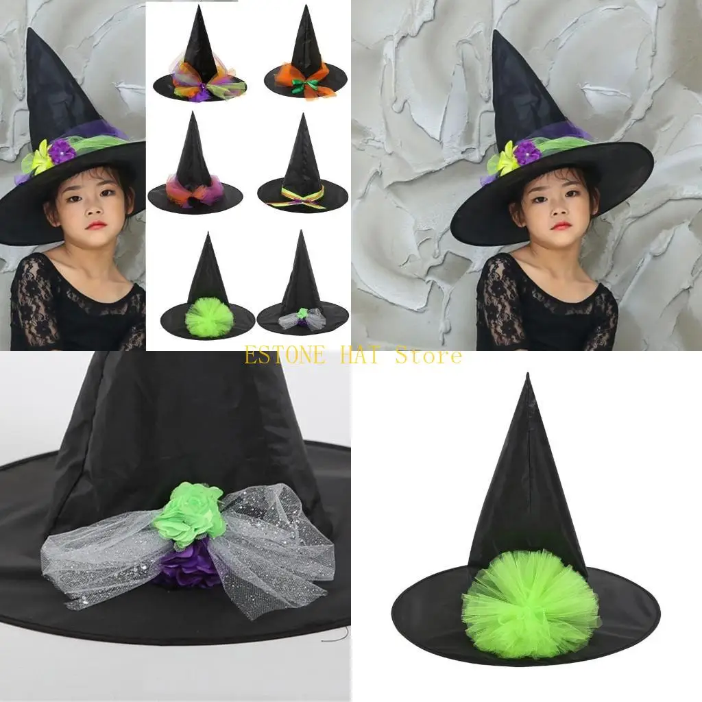 

49MF Детская шляпа ведьмы на Хэллоуин с пряжей/цветком Маскарадная шляпа волшебника Косплей Костюм Хэллоуин Вечеринка Забавное