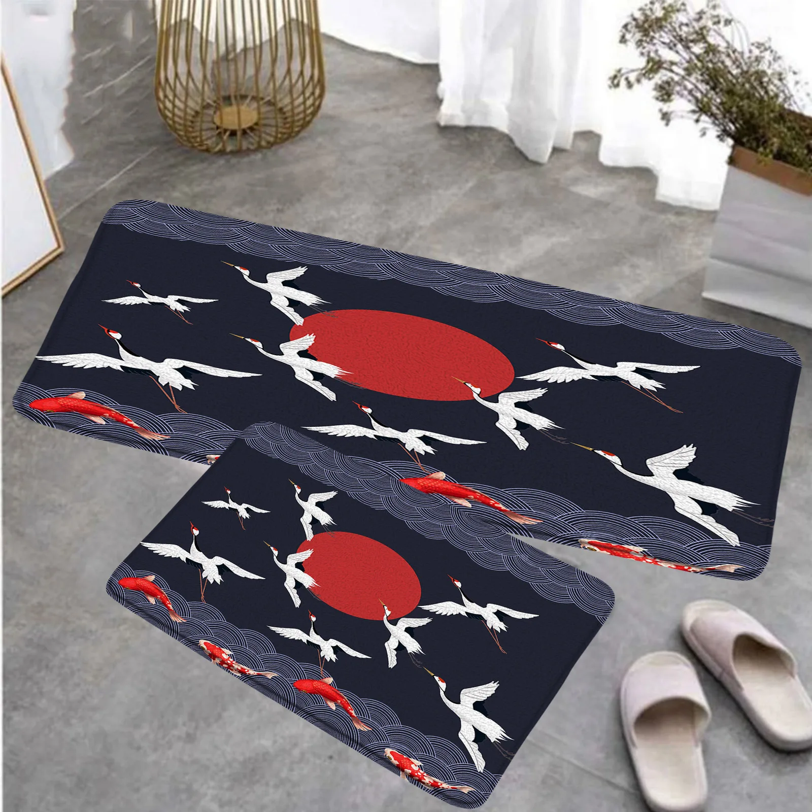 Flower Birds Kitchen Floor Mat Set Floral White Crane Japanese Style Black Doormat Home Decor Non-Slip Rug Room Carpet Bath Mats