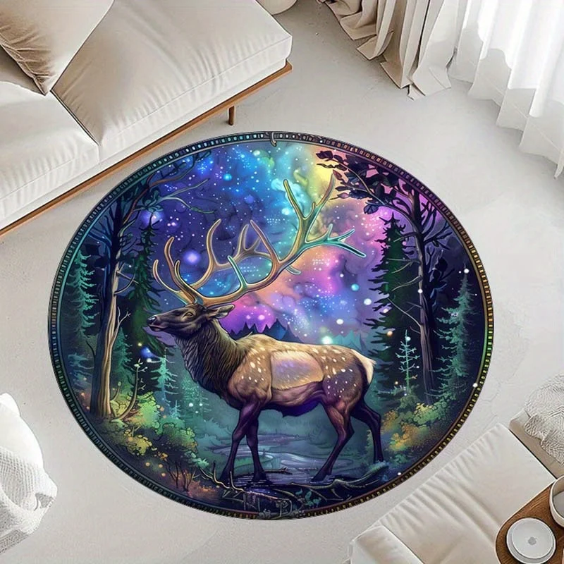 Boho Mystic Round Area Rug Celestial Aurora Forest Stag Circle Carpet Washable Non Slip Vibrant Entryway Floor Decoration