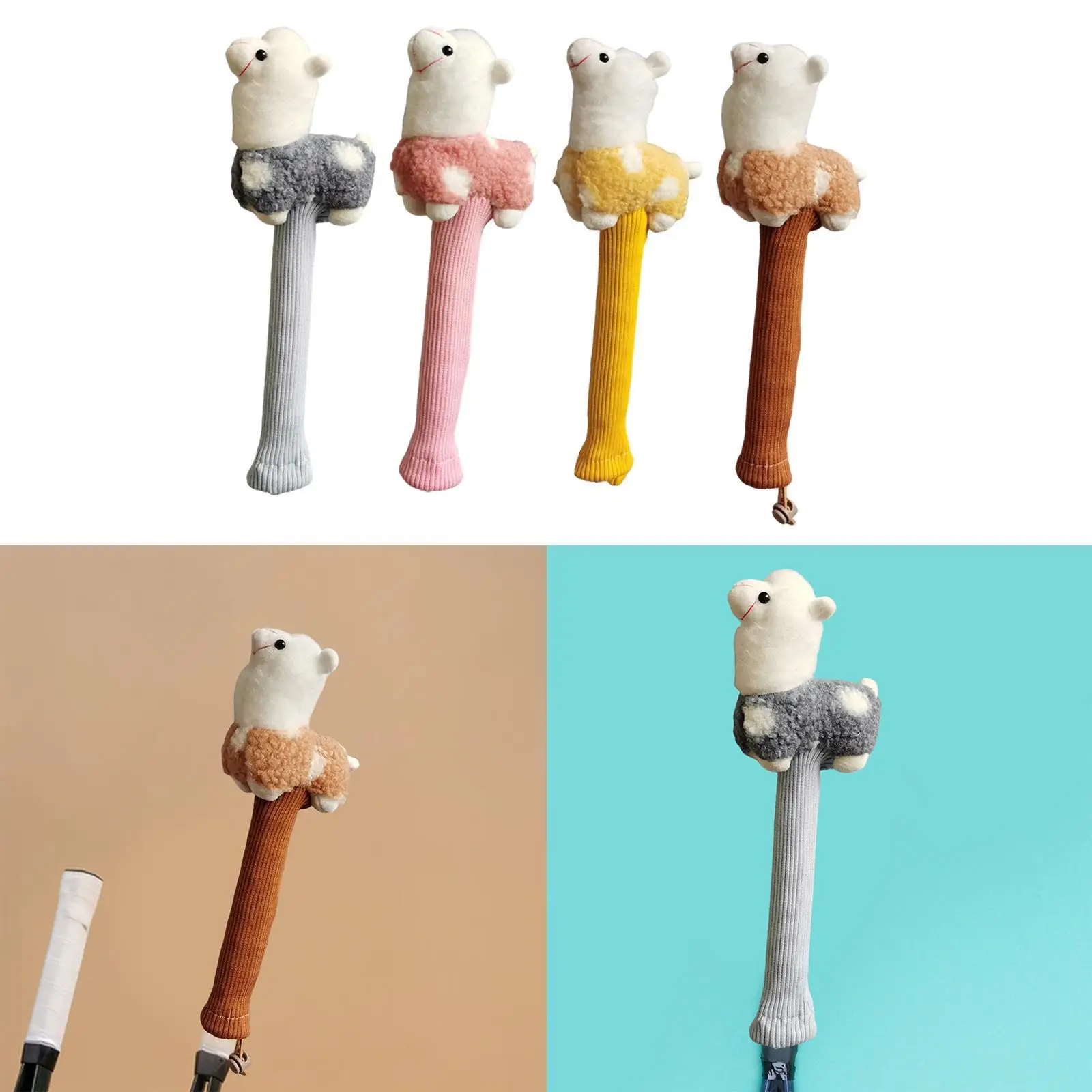 Badminton Racket Handle Cover for Women Men Knitted Stuffed Doll Sweat Absorption Cartoon Racquet Grip Protector with Drawstring