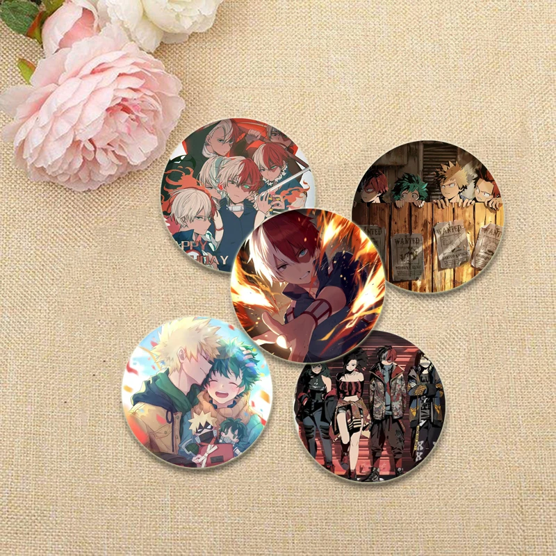 HD Round Pins Midoriya Izuku Bakugou Katsuki Anime Badge Todoroki Shoto OCHACO URARAKA Cartoon Brooches for Bag Accessorie