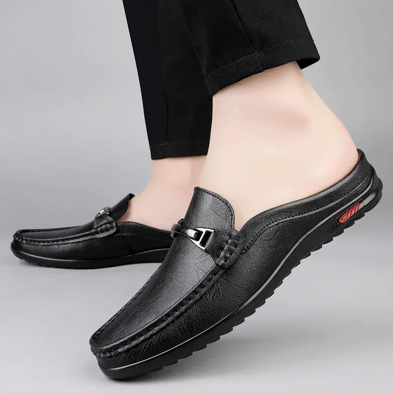 Luxury Men Genuine Leather Shoes Casual Business Men Slip-on Shoe All-Match Half Slippers Loafers Summer Handmade Flats Slippers