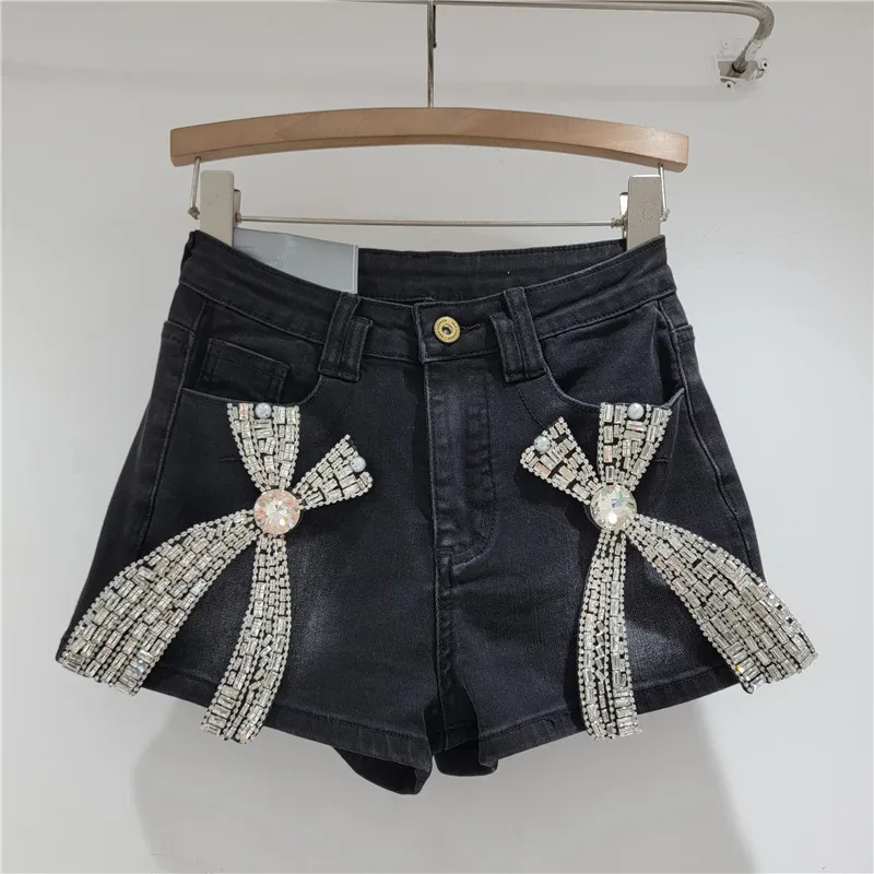 Spring/summer Women 3D Bow Diamonds Beaded Denim Shorts Wide Legs Jeans Short Trousers Cowboy Crystal Hot Pants Streetwear