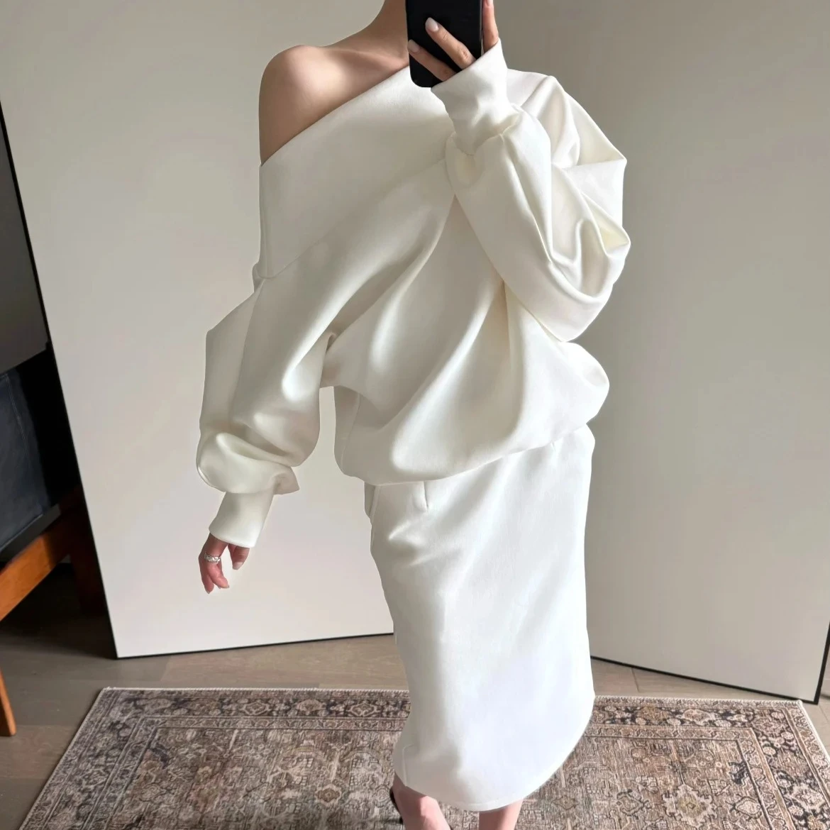 

Women Slanted Collar Long Sleeve Sweatshirt + High Waist Straight Midi Skirt Casual Ladies set