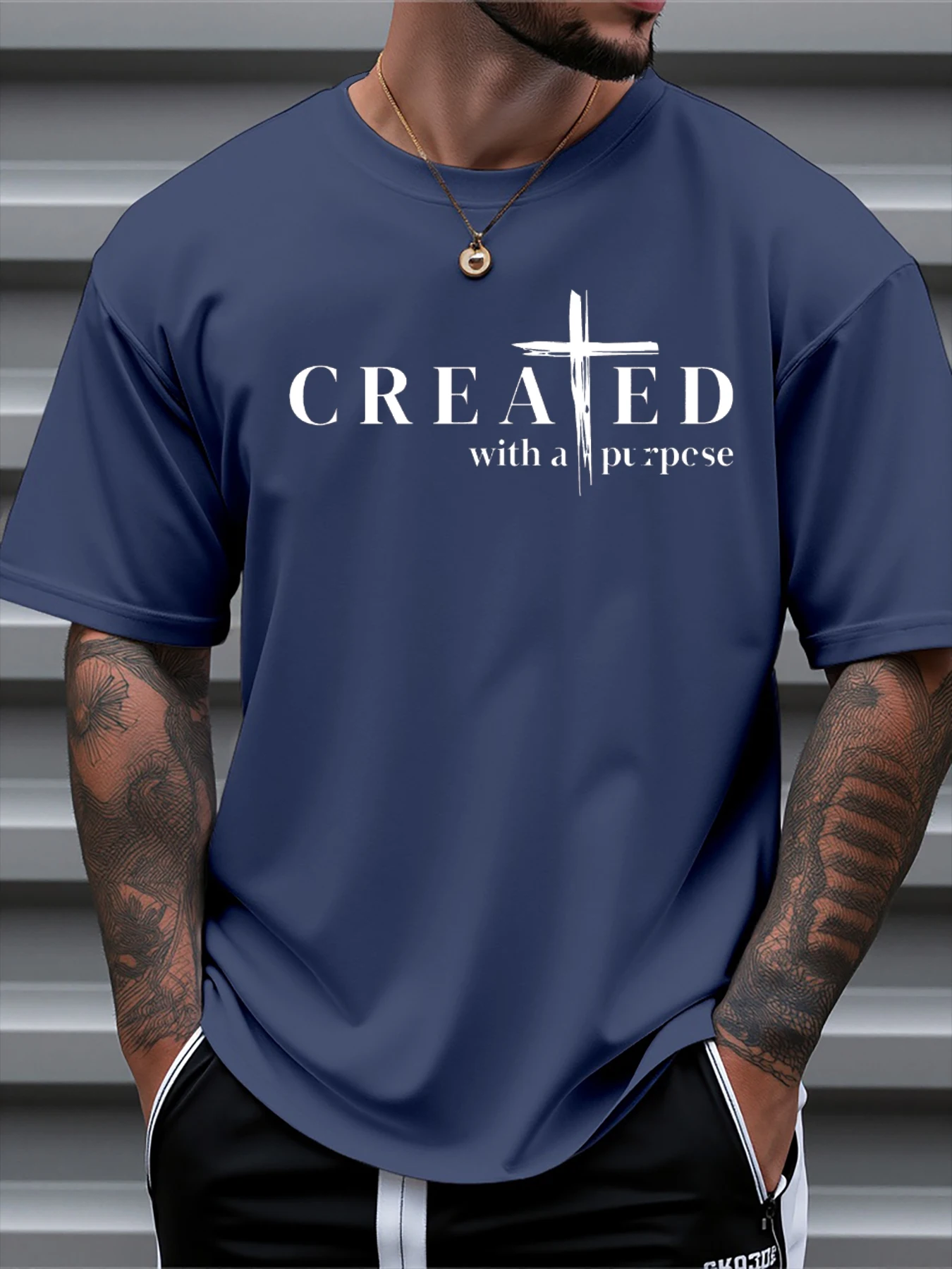 

T Shirt For Man 100% Cotton Summer CREATED Cross Print Casual Slim Fit Round Neck Short Sleeved T-shirt Top