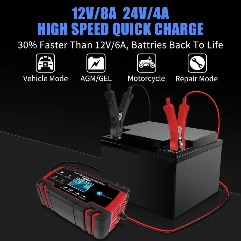 12V/8A 24V/4A Automatic Battery Charger Maintainer for AGM Car Truck Motorcycle