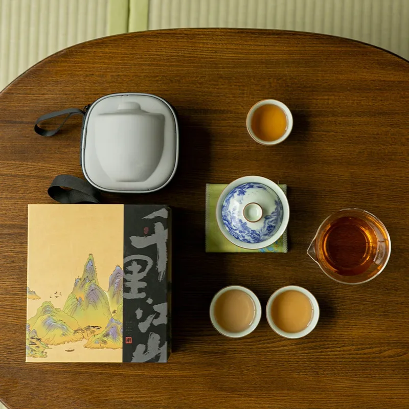 Blue and White Porcelain Travel Tea Set Portable Covered Gaiwan Bowl Quick Cup One Pot Two Cups Three Cups Tea Ceremony Gift Box