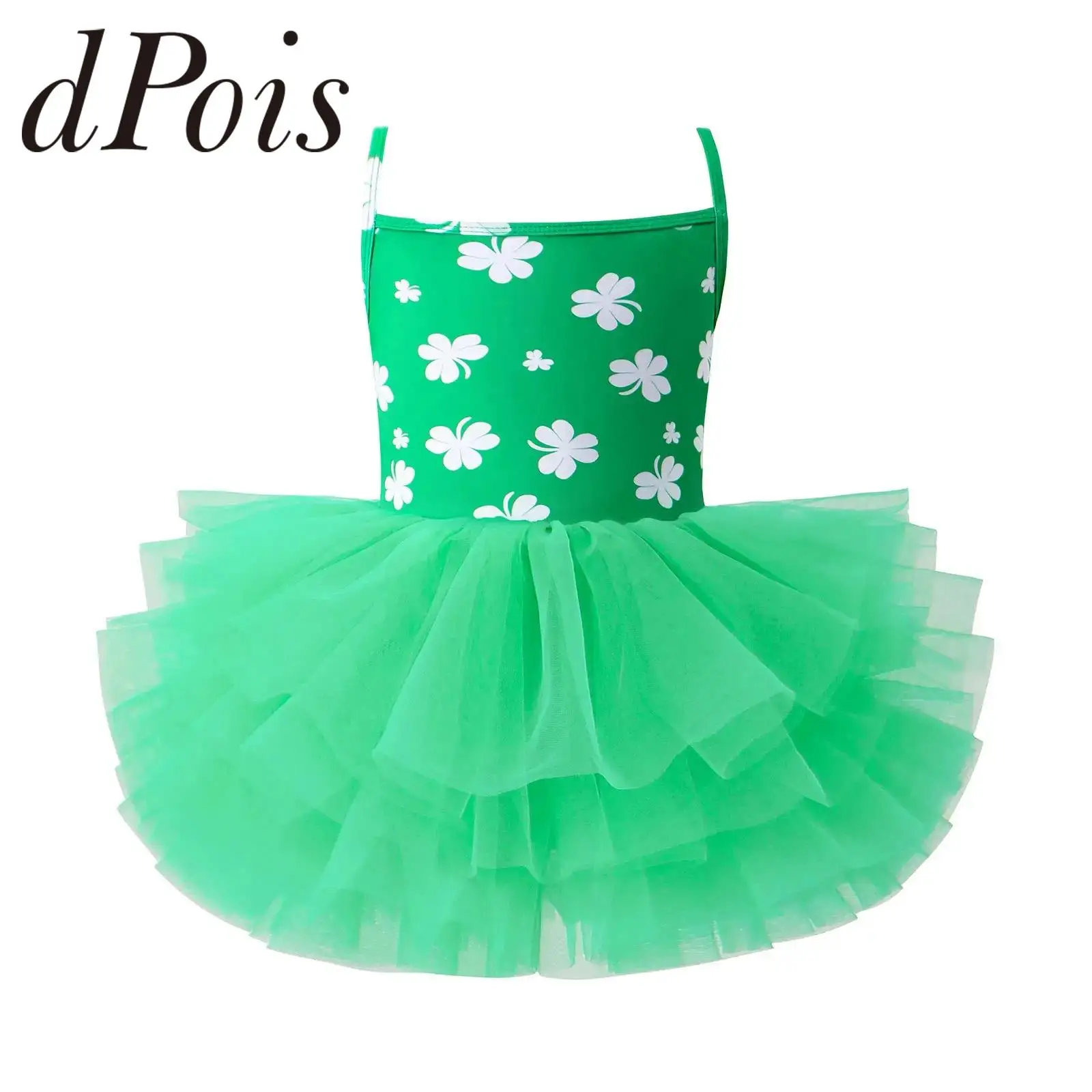 Girls Ballet Dress Dancing Competition Tulle Performance Dress Camisole Dance Tutu Leotard Printed Spaghetti-strap Dancewear