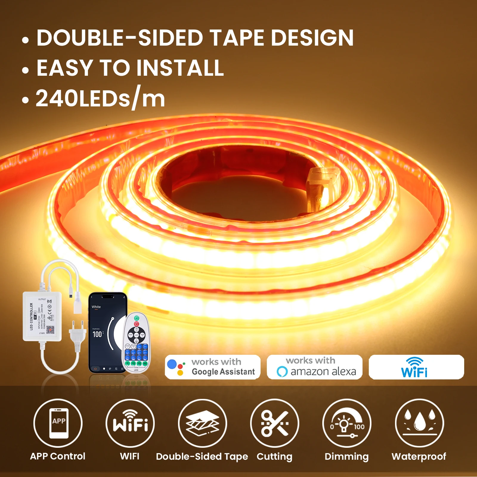 Tuya Smart WIFI 220V COB LED Strip Light Dimmable 240LEDs/m Adhesive Waterproof Flexible COB Light APP Control for Alexa Google